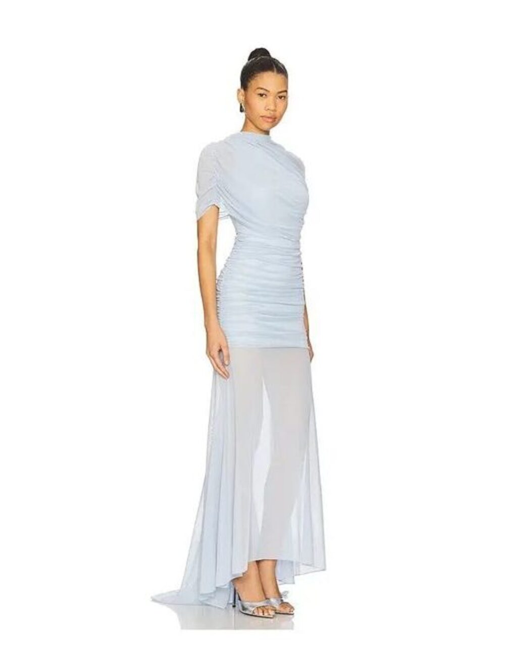Amanda Uprichard x Revolve Draped Ruched Mesh Gown Baby Blue Maxi Dress